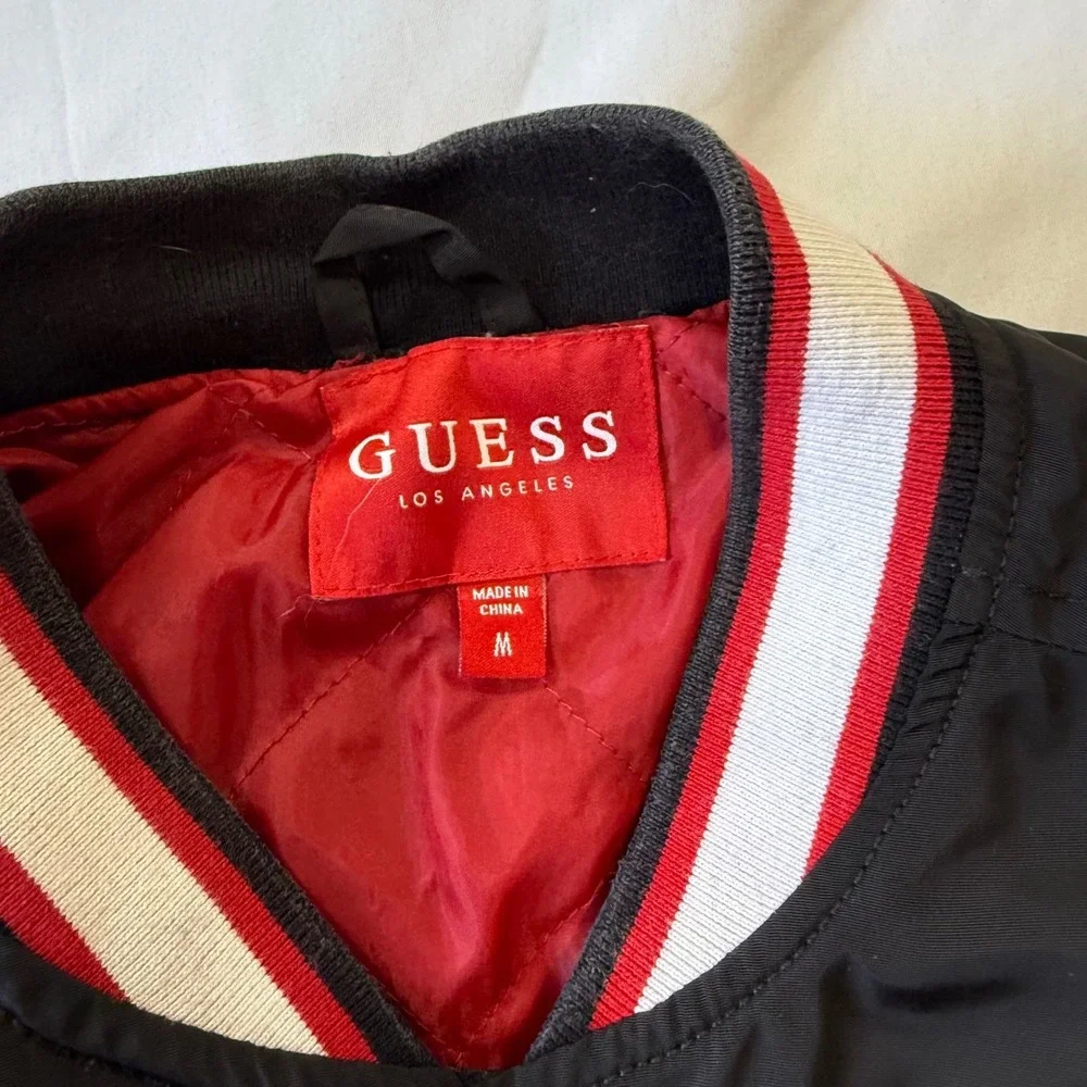 Guess Mens Black Bomber Jacket Varsity Style Red Lining Size M